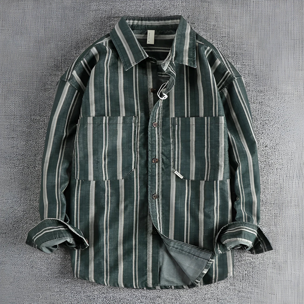 Men's vintage yarn-dyed striped casual shirt in Japanese retro style with loose fit