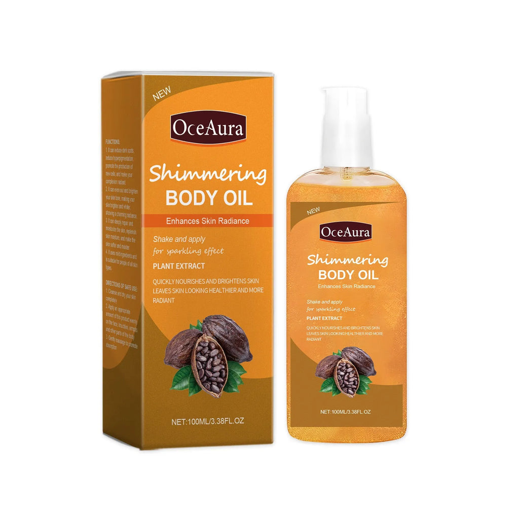 100ml shiny moisturizing body oil bottle with jojoba seed oil, vitamin E, cocoa extract and mica