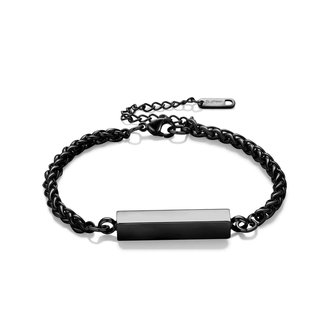 Unisex titanium steel rectangular column bracelet in silver, gold or black, 6mm x 30mm centre with 18cm band and 5cm tail chain.