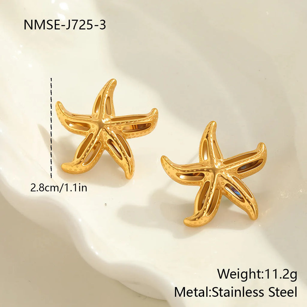 Gold-toned stainless steel stud earrings with starfish and star motifs, colour NMSE-J725-3