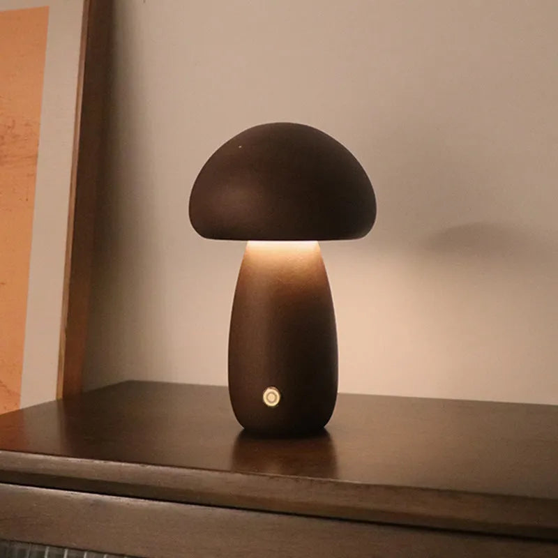 Wooden mushroom-shaped LED night light with touch switch on a bedside table, beech finish, 165 x 100 mm