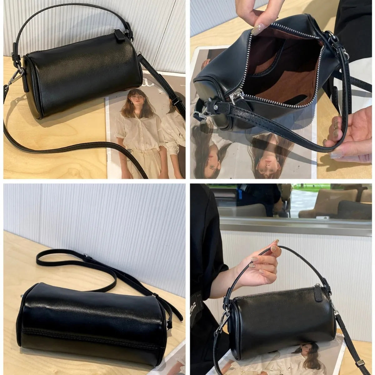 Genuine leather cylindrical crossbody phone bag in black, shown with single shoulder strap and visible sewing thread detail.
