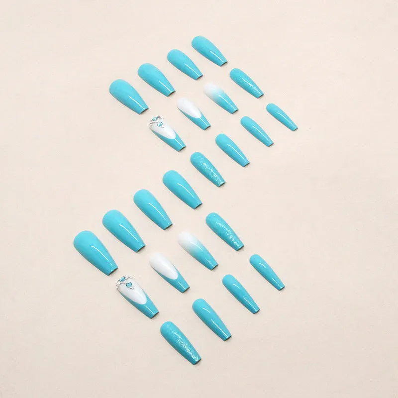 Smart blue diamond pattern on long ballet-shaped nail art patches with adhesive