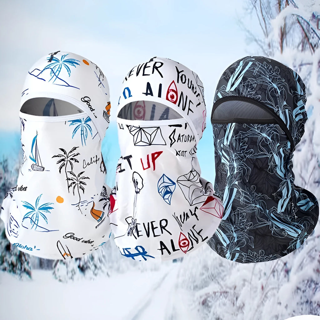 A unisex patterned cotton motorcycle balaclava and matching glove set laid flat, showing the dome cap design for wind protection.