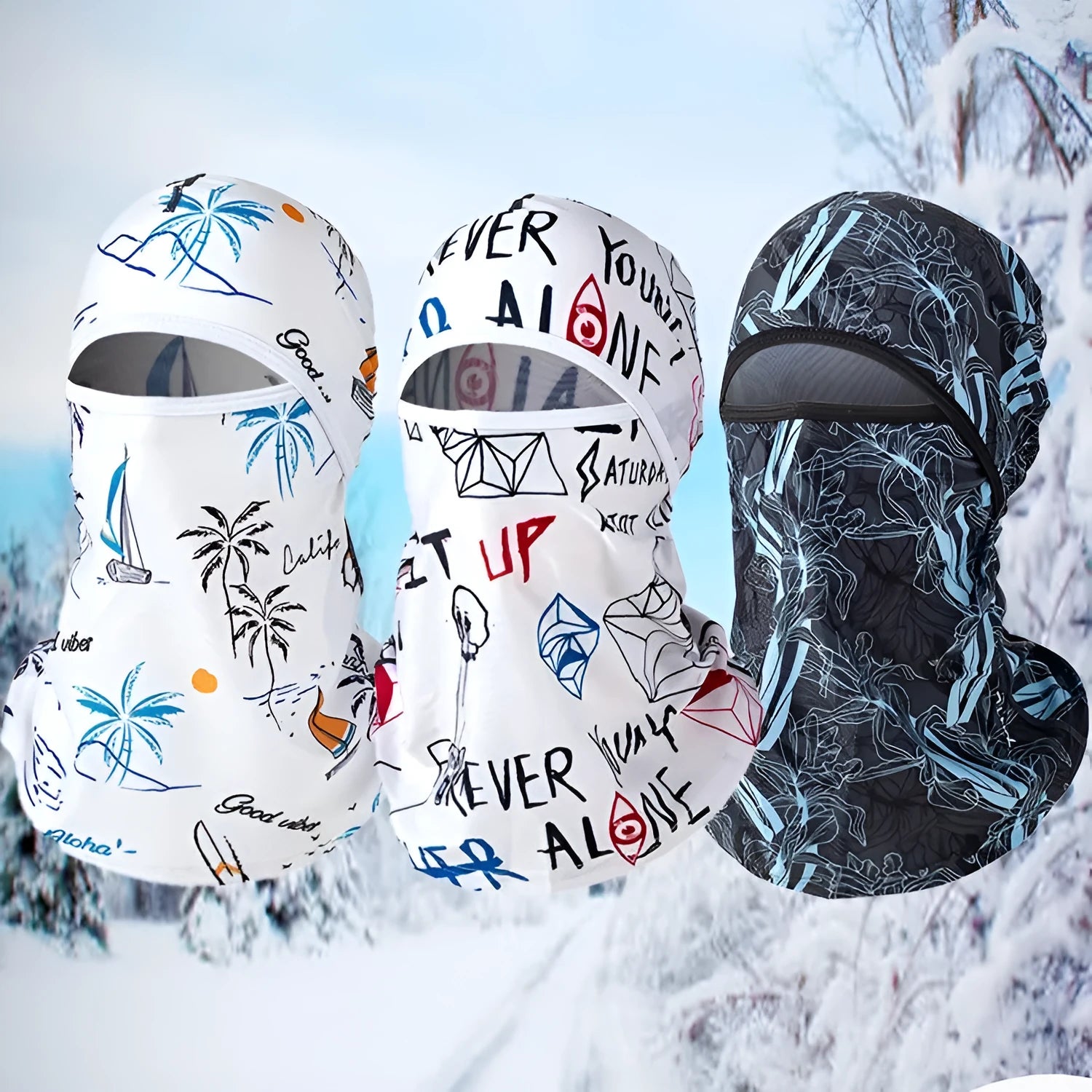 A unisex patterned cotton motorcycle balaclava and matching glove set laid flat, showing the dome cap design for wind protection.
