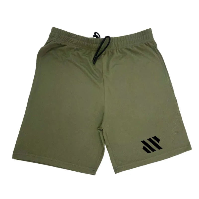 Metal silk fabric sports shorts in loose running style on a hanger, shown in army green colour.