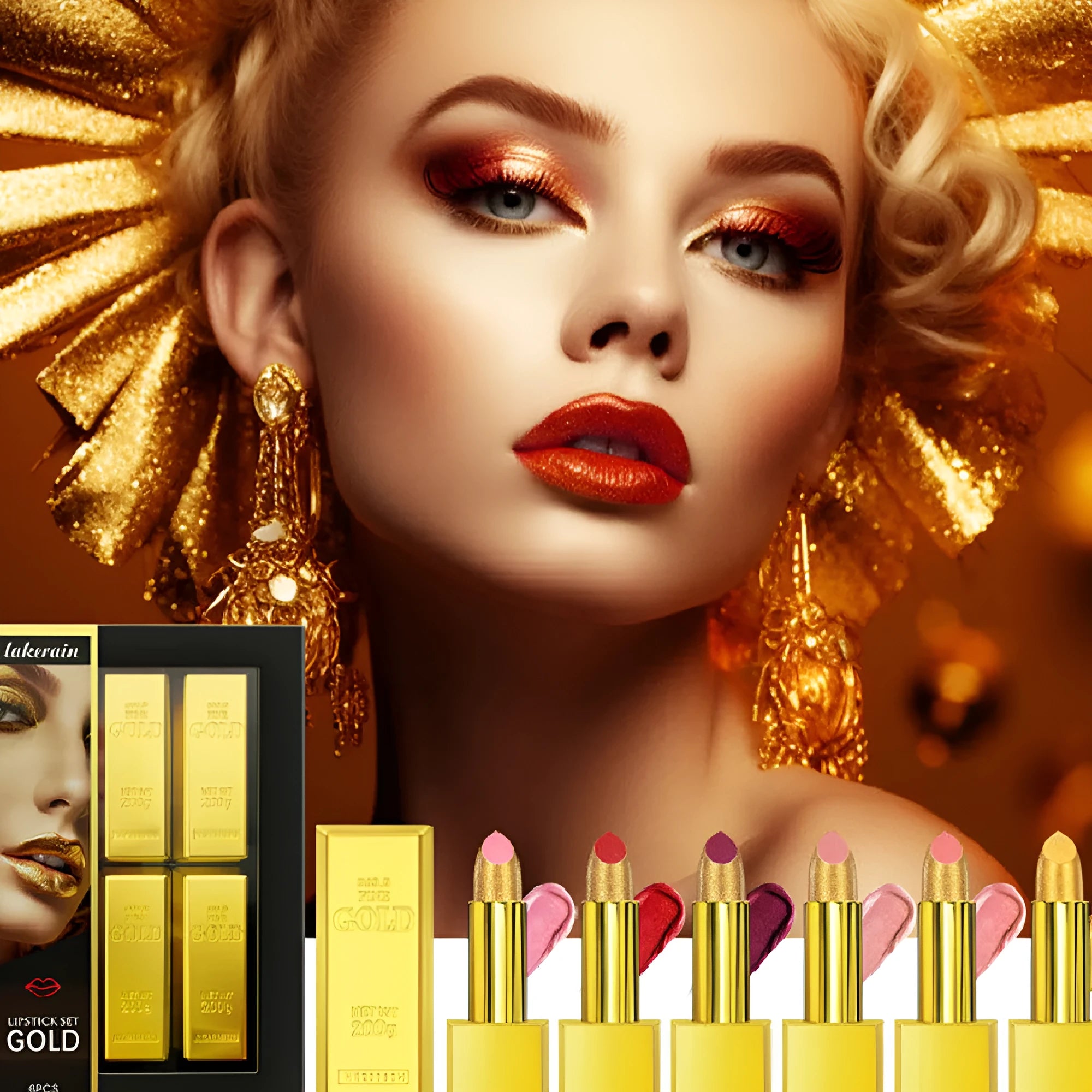 Gold brick lipstick kit set of 6 full coverage lipsticks in gold brick tube design