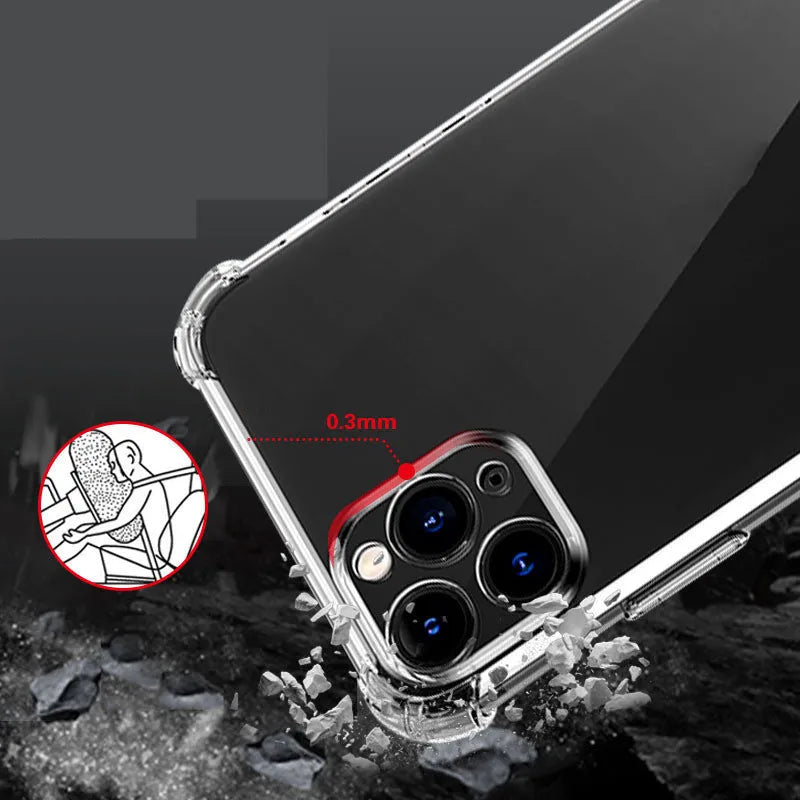 Thickened four-corner airbag iPhone case in transparent TPU with fine hole design, back cover style.