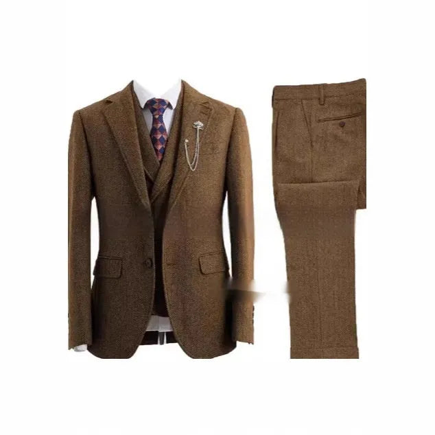 Men's slim fit three-piece suit in brown nylon with jacket, waistcoat, and trousers