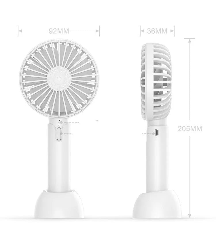Blue handheld mini USB electric fan with three-speed settings and shaking head motion