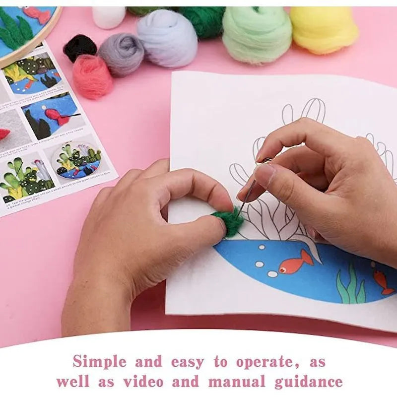 Round fabric embroidery kit with linen square, wool felt, and embroidery frame for handmade decorations.