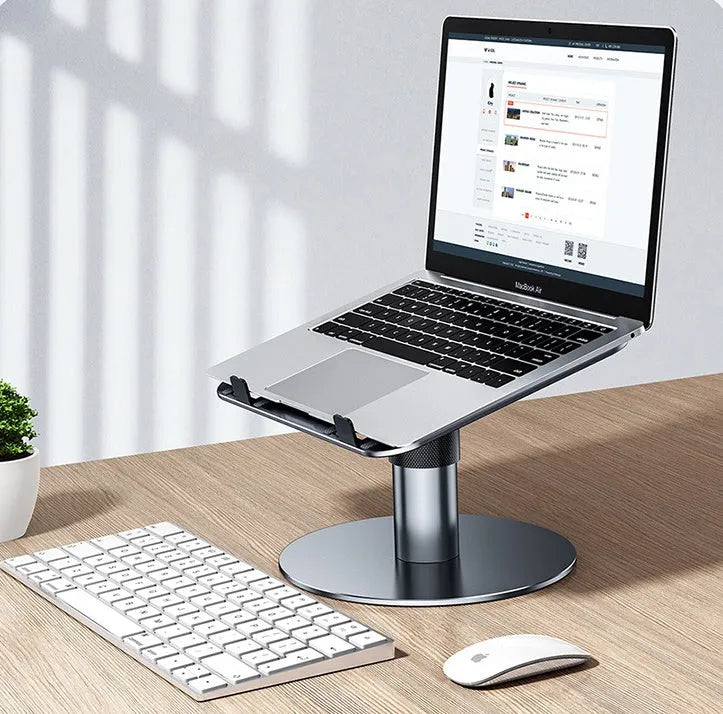 Aluminium car laptop stand showing height adjustment and 360-degree rotation in space grey colour
