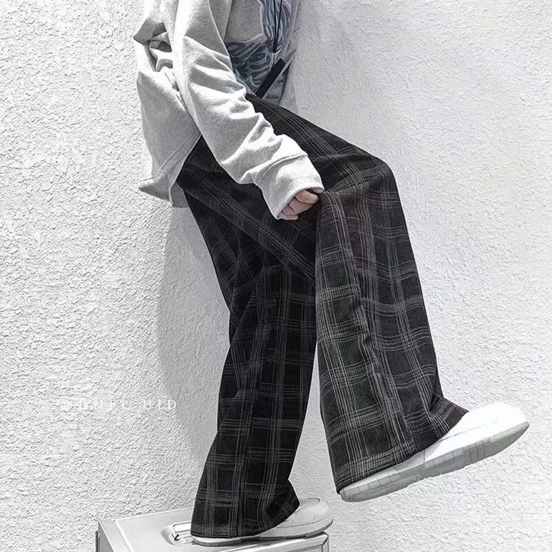 Men's black and green plaid loose fit straight leg casual trousers