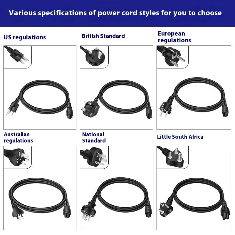 Black 65W USB-C laptop power adapter with a set of international plug cords including UK, US, EU, AU, and ZA types.