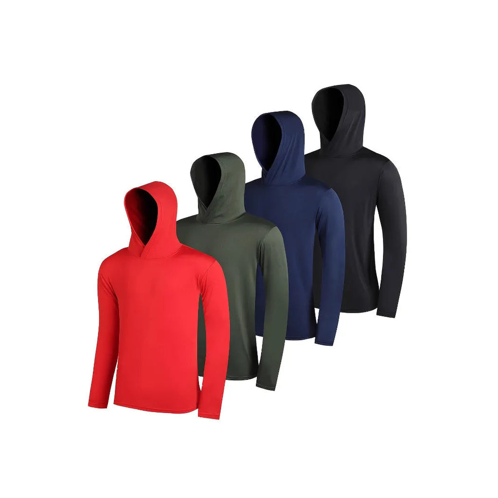 Set of four men's lightweight hoodies in elastic polyester fabric, shown in multiple colours.