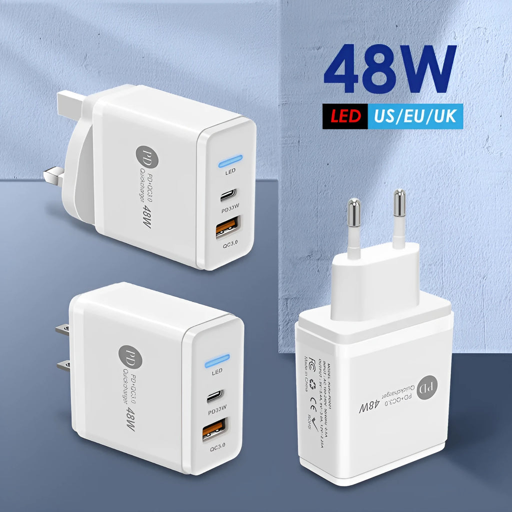 PD48W fast travel charger with USB-C port, indicator light, and choice of US, UK, or EU plug in black or white.