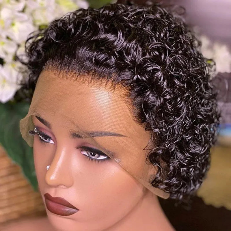 Black short pixie wig with 13x1 lace frontal and pre-plucked hairline made from human hair