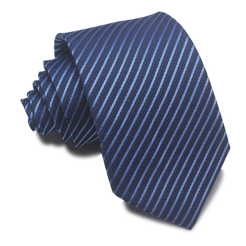 Men's striped jacquard business tie in red, showing arrow head shape and 8cm width.