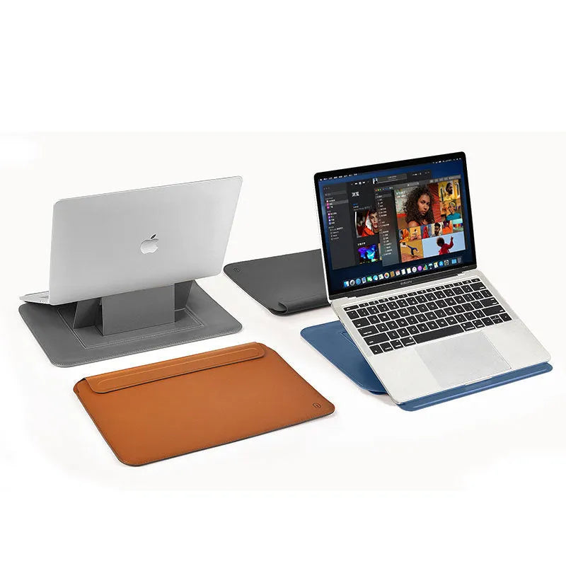 PU leather laptop sleeve bag in dark blue with soft handle and hook and loop closure, sizes 13.3 to 16 inches