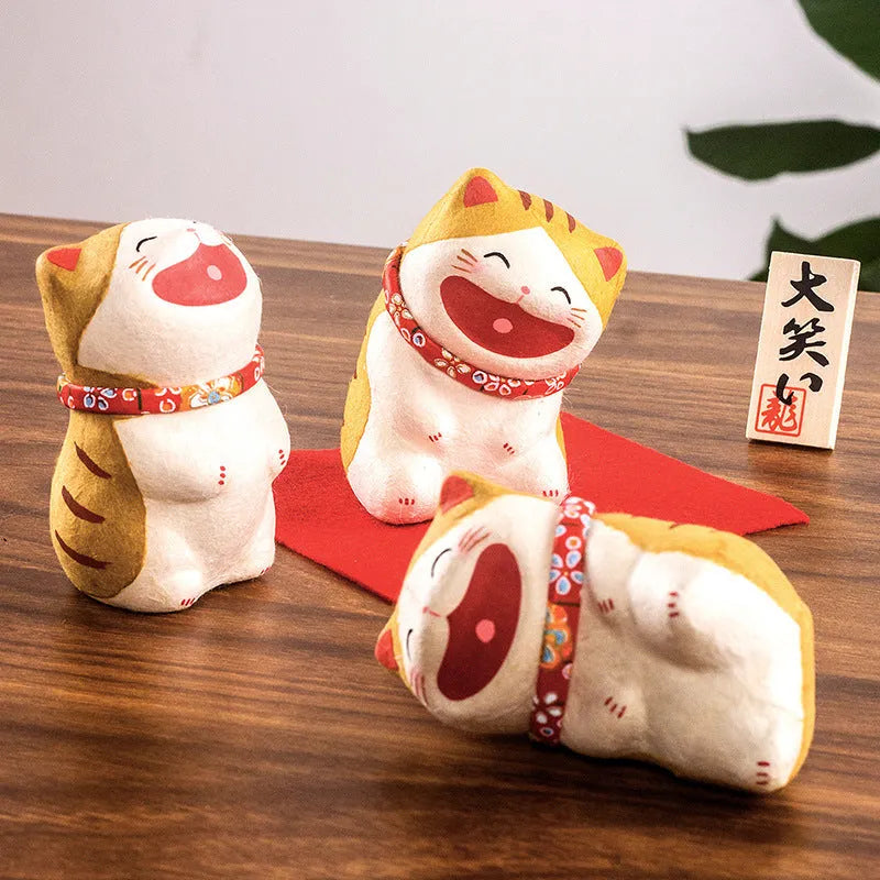 Handmade Japanese paper lucky cat figurine in Sanmao, tiger skin, or spotted cat style for car desk or home decoration