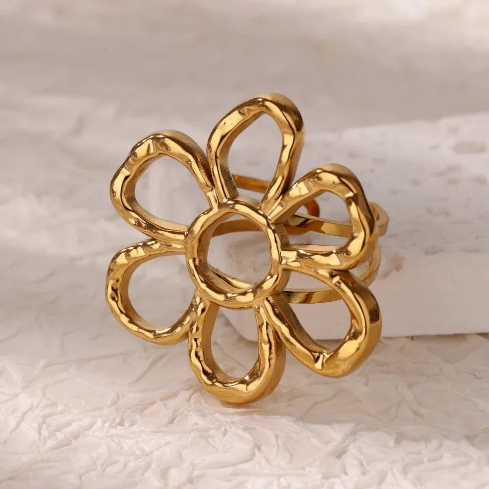 Stainless steel open mouth hollow flower ring for women in gold finish