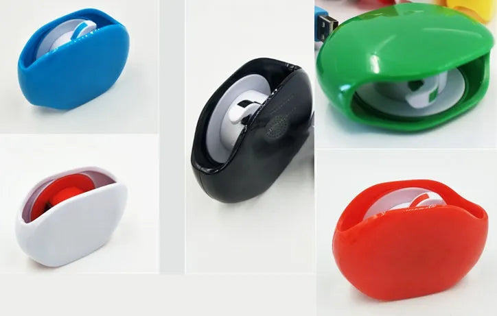 Automatic earphone cable winder retractor in blue, showing compact size next to a 3.5mm jack.
