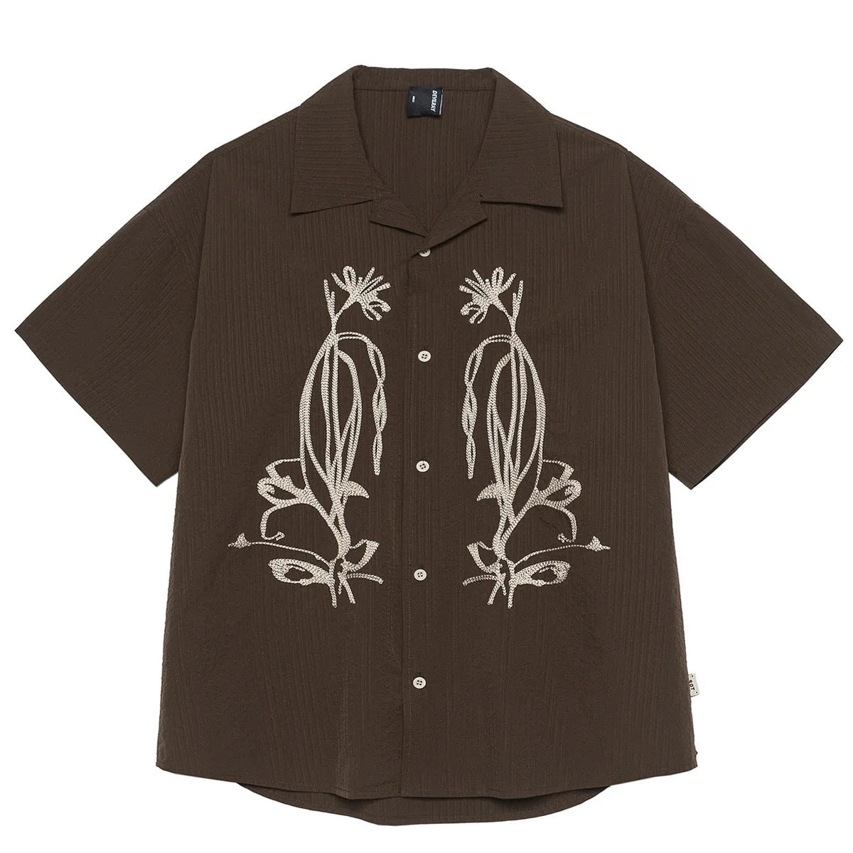 Brown striped men's short sleeve outdoor shirt with Cuban collar on a hanger