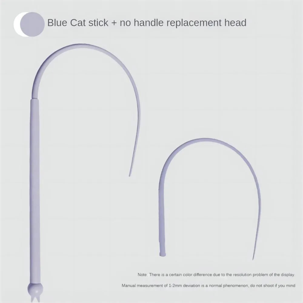 Blue cat teaser wand with silicone mouse tail measuring 80cm length with cat head handle design
