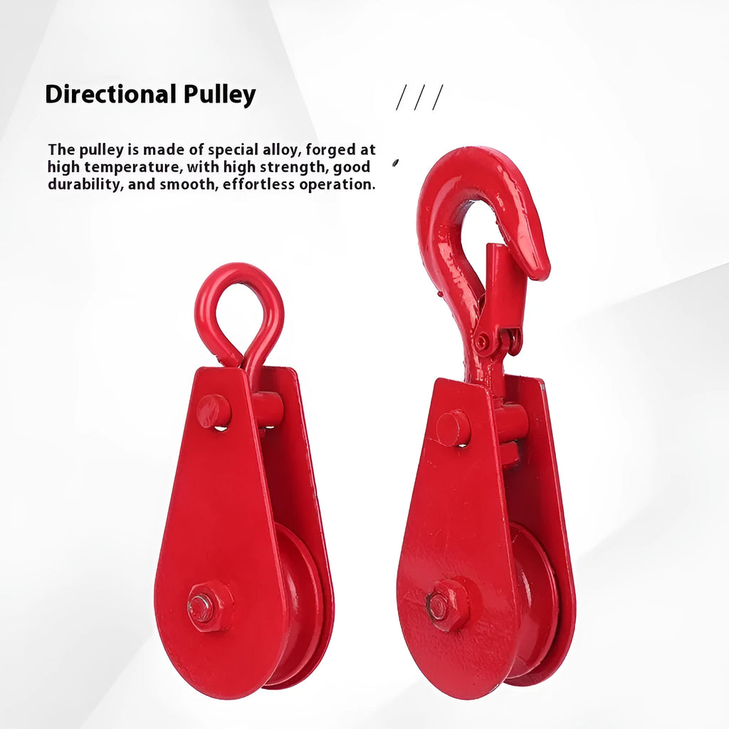 Red and galvanised A3 steel industrial lifting pulley with safety latch on hook.