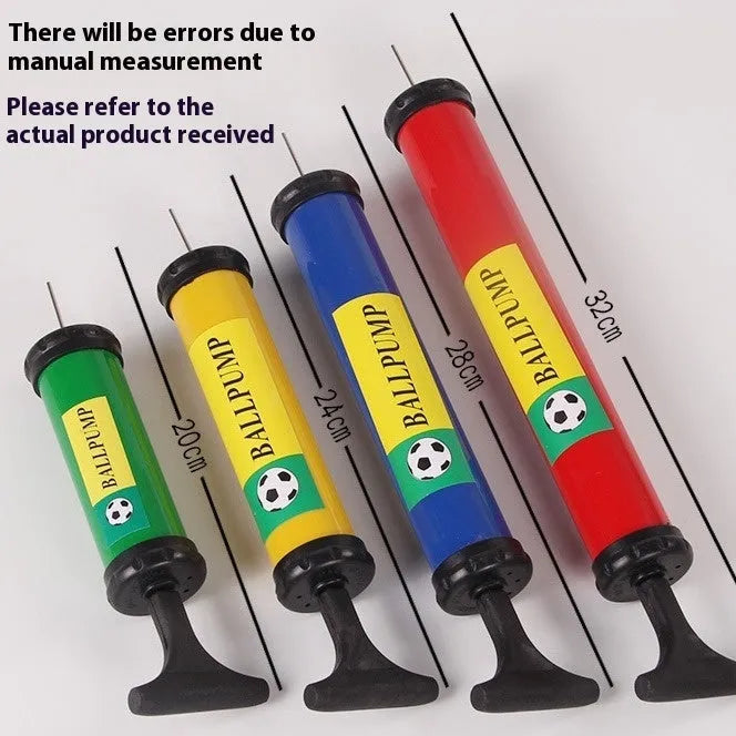 Manual plastic hand pump for inflating basketballs, volleyballs, and footballs in mixed colours.