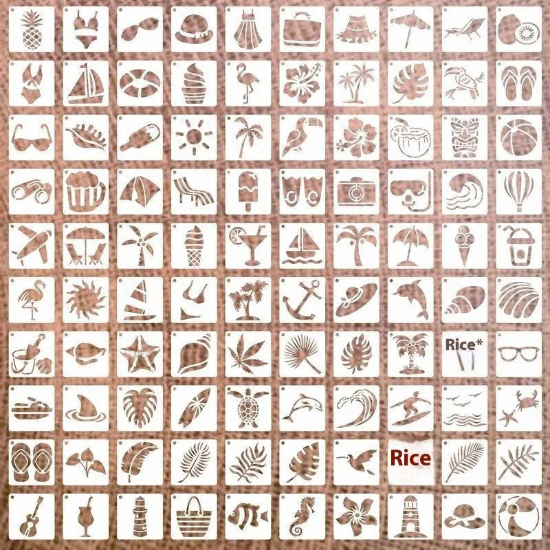 Milky white PET film spray painting stencils showing animal, floral, and letter design templates.