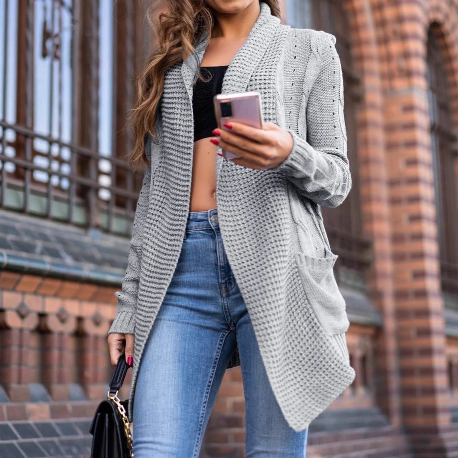 Women's grey loose fit cardigan coat with front pockets, 65cm length