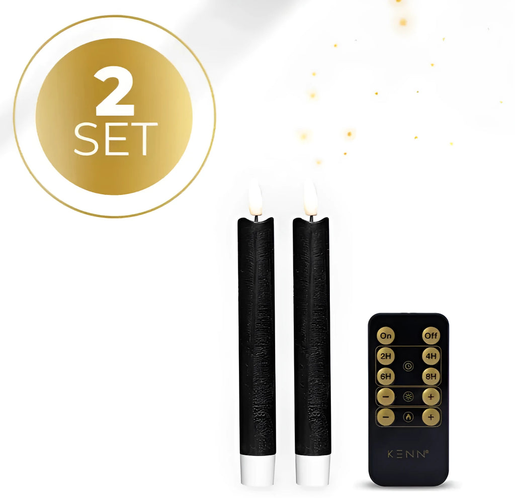 Set of four black S2 3D Flame LED taper candles showing realistic flickering light effect.