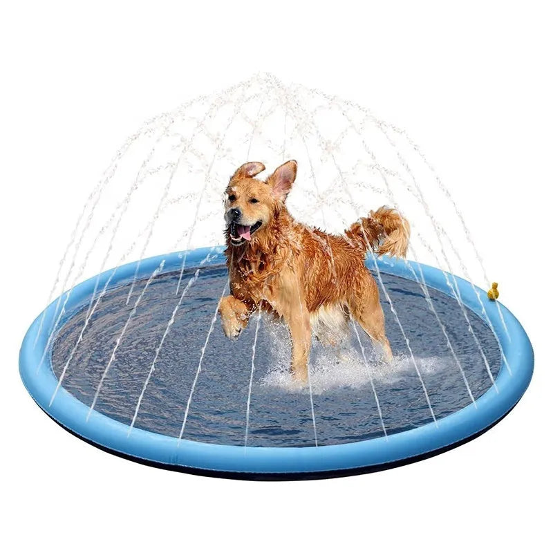 Large blue anti-slip dog splash pad with a textured surface in a sunny garden.