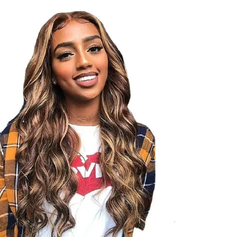 Front lace wig with big wave sheath in an African black gradient colour, showing long curly synthetic hair.