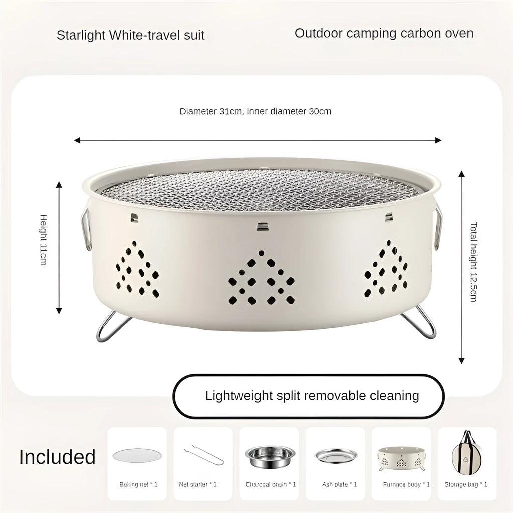 Portable stainless steel barbecue grill with detachable parts and storage bag for camping.