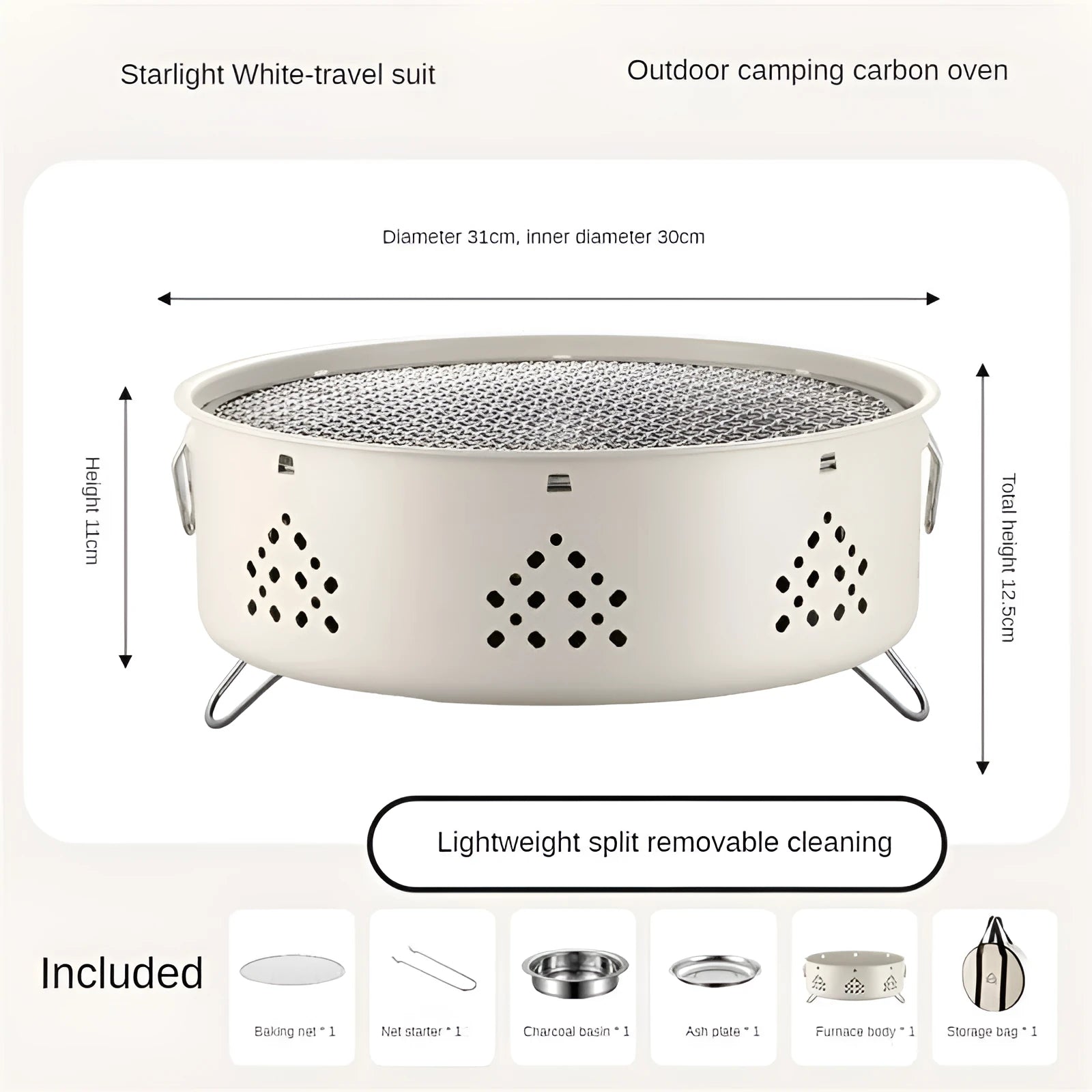 Portable stainless steel barbecue grill with detachable parts and storage bag for camping.