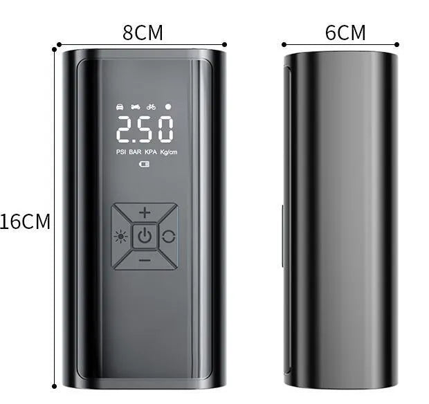Portable wireless car tyre pump with digital display, LED light, and USB port on black ABS housing.