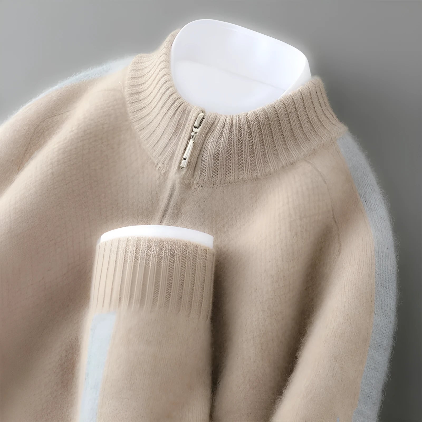 Slim fit sheep wool knitted sweater with half zip and round neck in camel colour