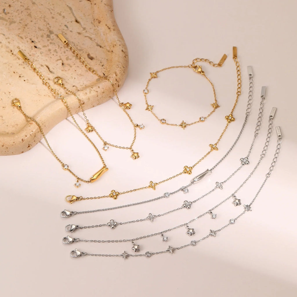 Women's stainless steel bracelet with 18K gold plating and geometric zircon star pendant