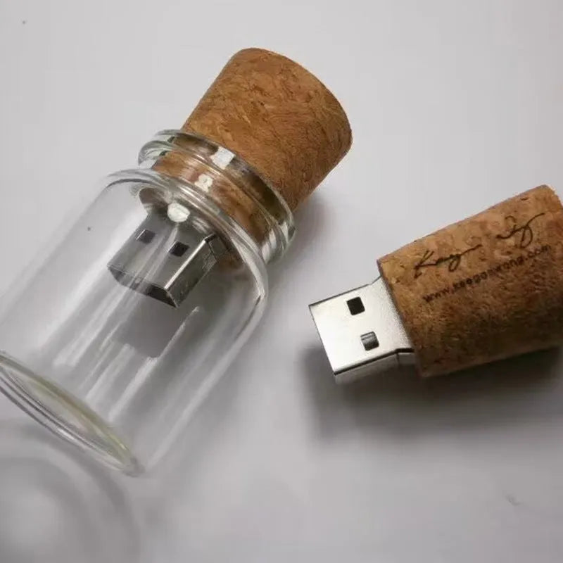 Wooden Wish Drift Bottle shaped USB flash drive with transparent casing and wooden detail, shown next to a scale for size.