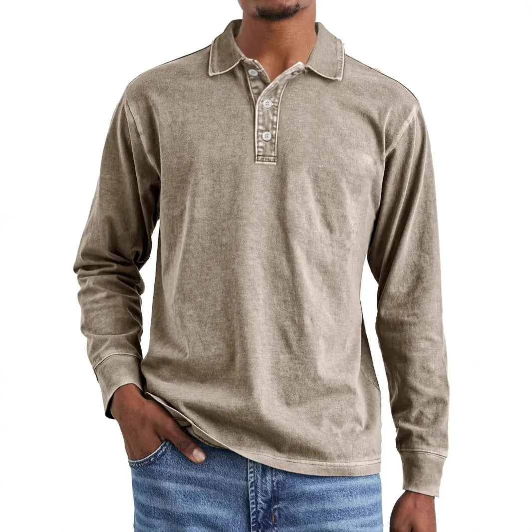 Men's long sleeve lapel polo shirt in washed cotton, shown in Army Green colour.