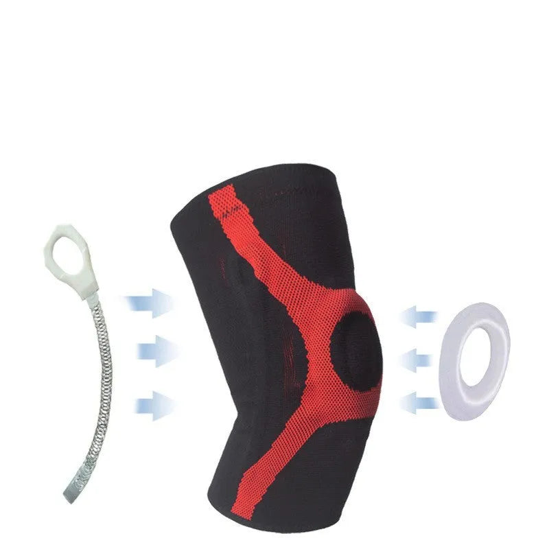 Silicone knitted sports kneecaps in grey and red colours for running and climbing protection