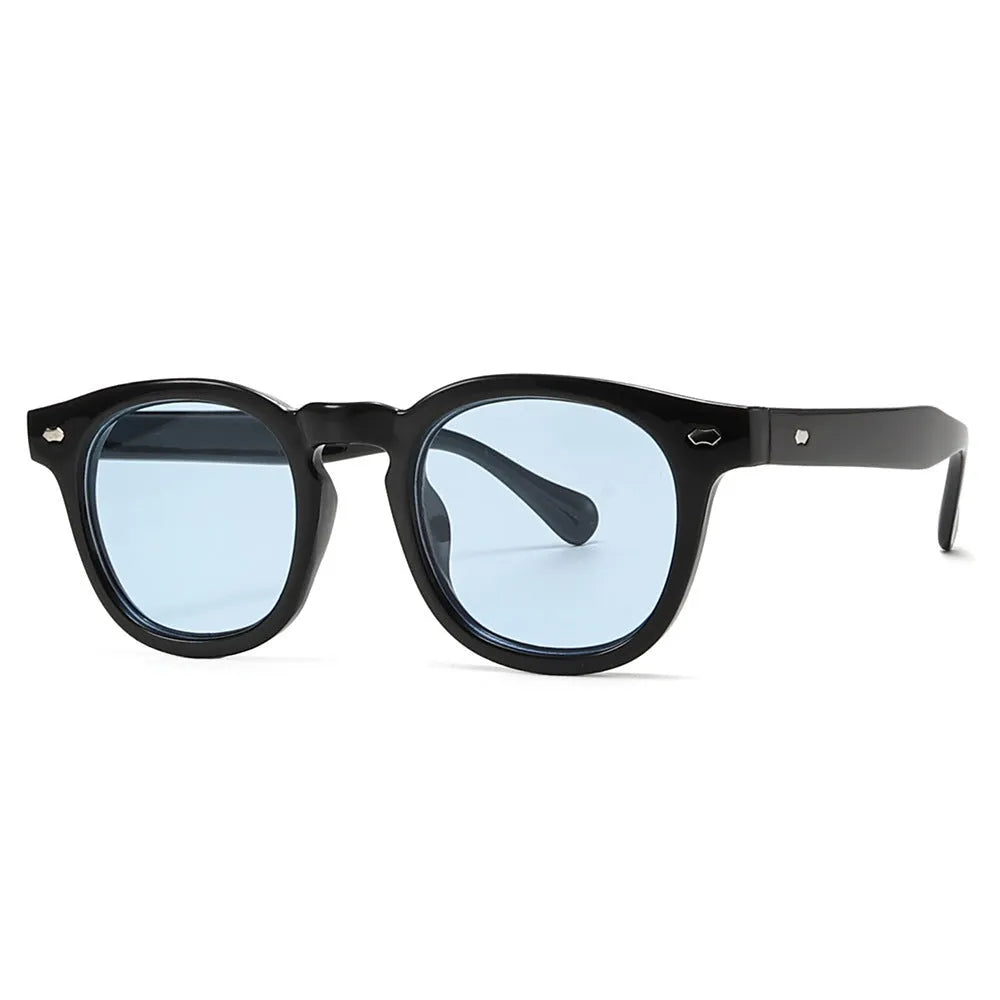 Simple round rim retro sunglasses on a plain background showing bright black frame with blue lenses.