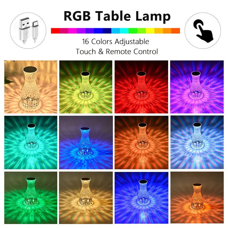 Vase-shaped crystal table lamp with LED lights and remote control on a bedside table