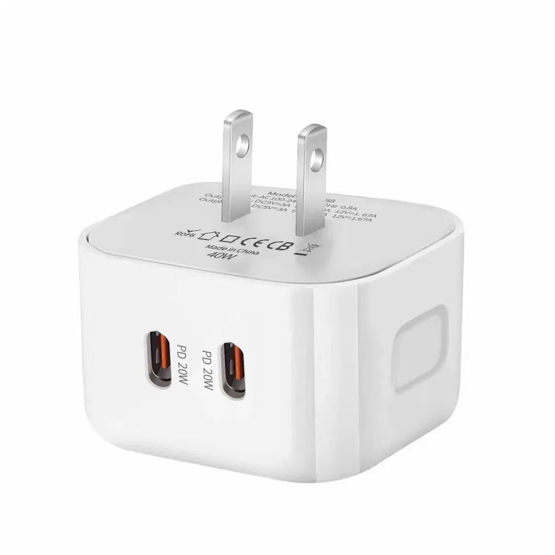 White PD40W USB-C fast charger head with Type-C interface, shown as a single mains wall plug.