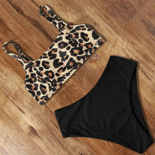 Women high waist push up bikini set in black from front view showing bra and briefs