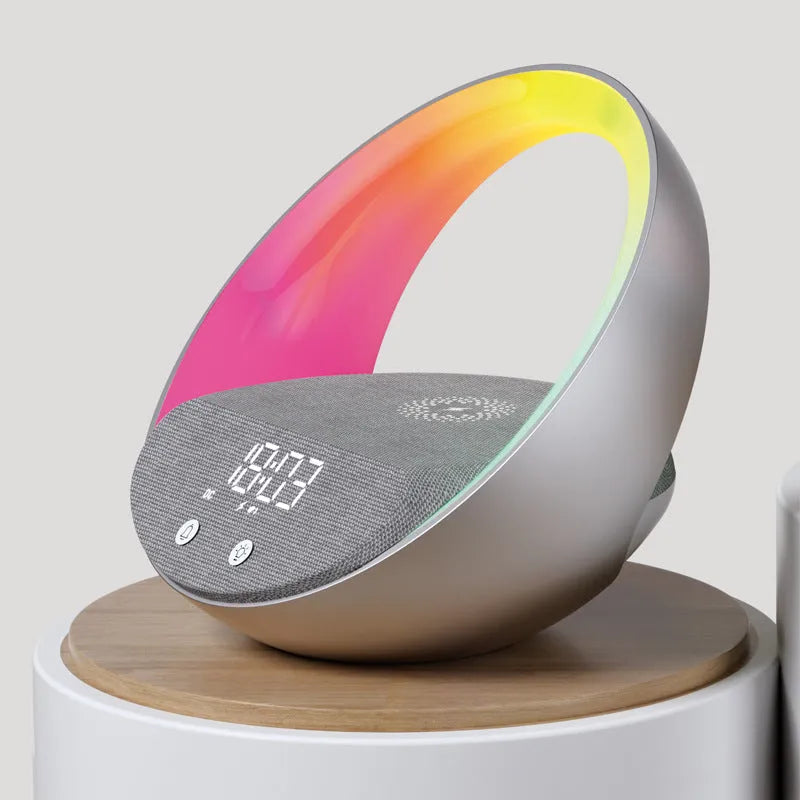 Multifunctional wireless charger clock with Bluetooth speaker, wake-up light, 15W charging, Beige and Gray, 220x176x187mm