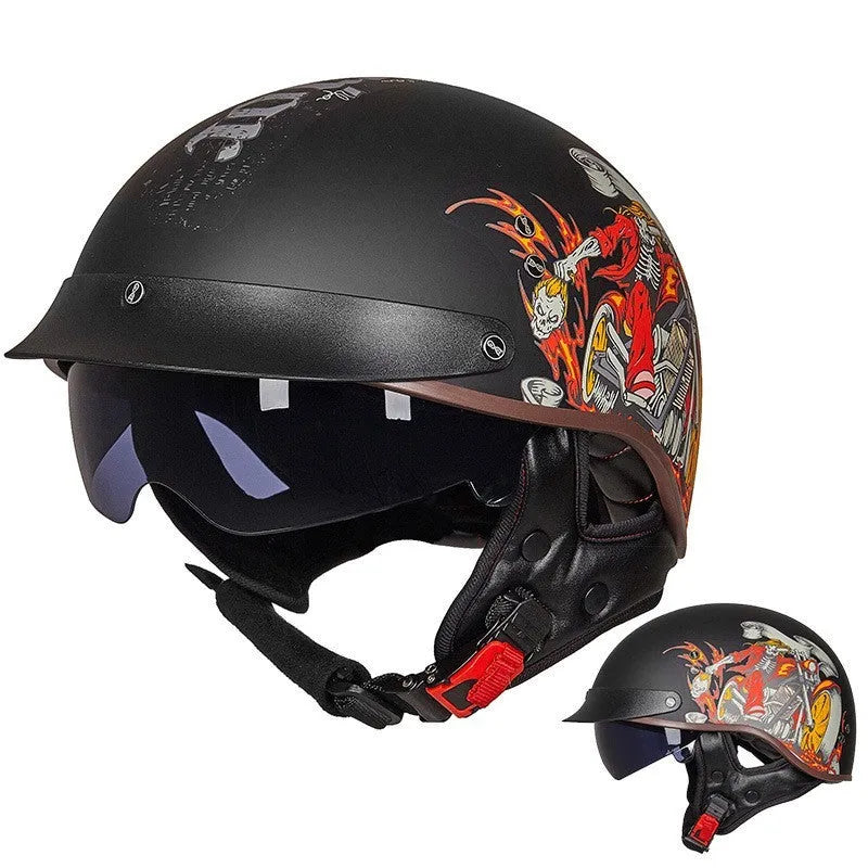 Vintage motorcycle helmet with ABS shell, EPS liner, quick release buckle, and UV protection glasses in black