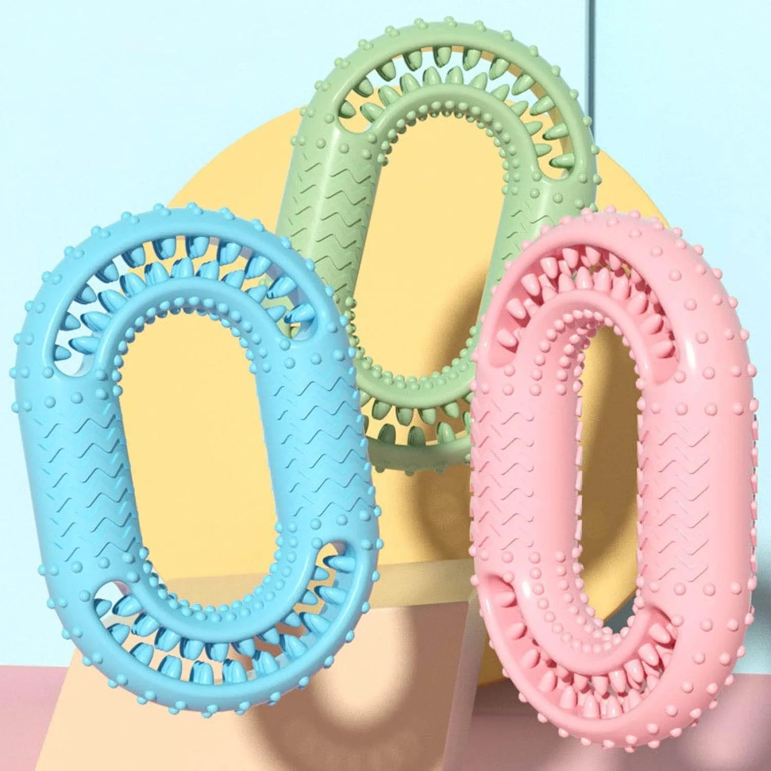 Blue O-ring shaped resistant dog chew toy for aggressive chewers on white background